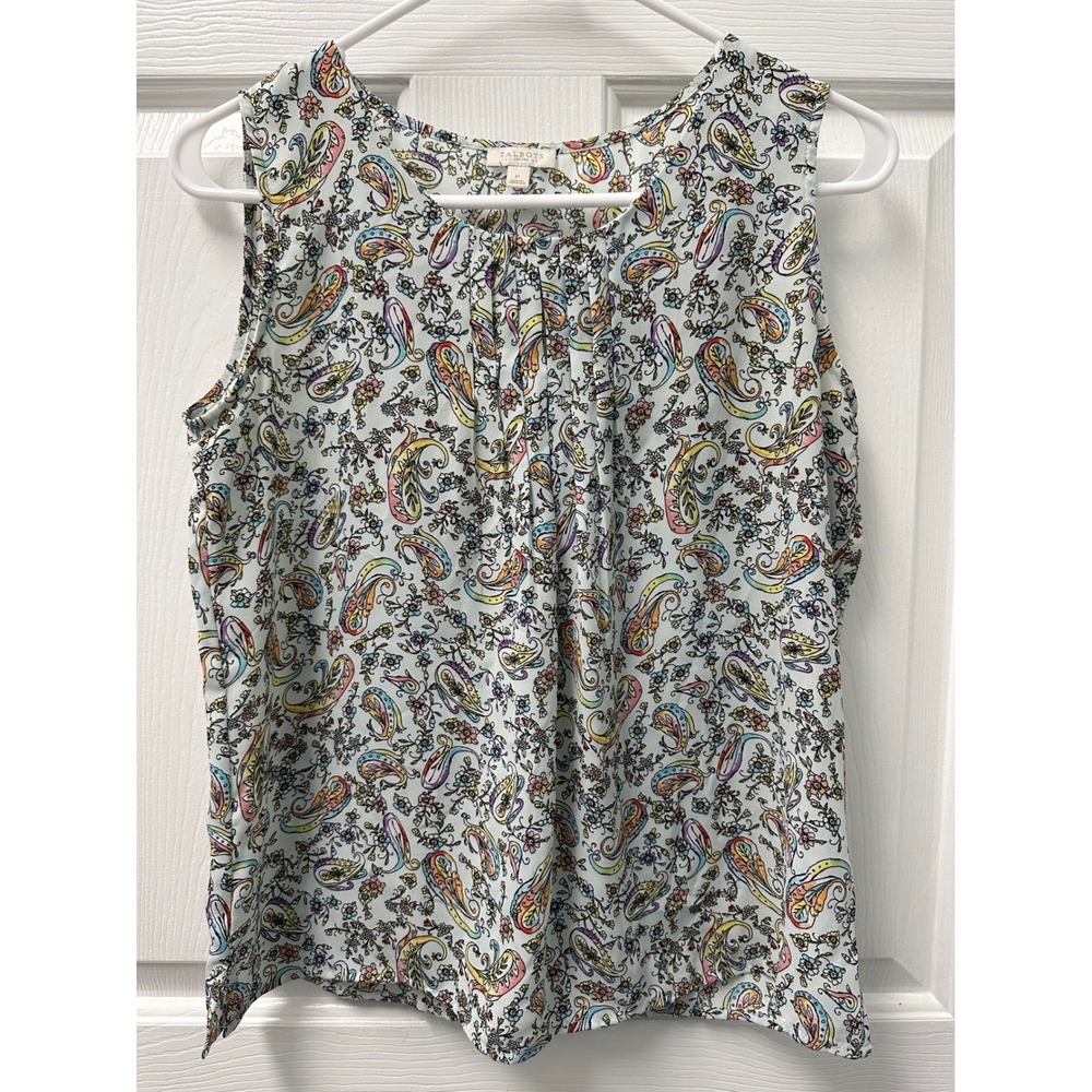 Talbots Petites Sleeveless Paisley Floral Pleated Blouse Blue Multi READ